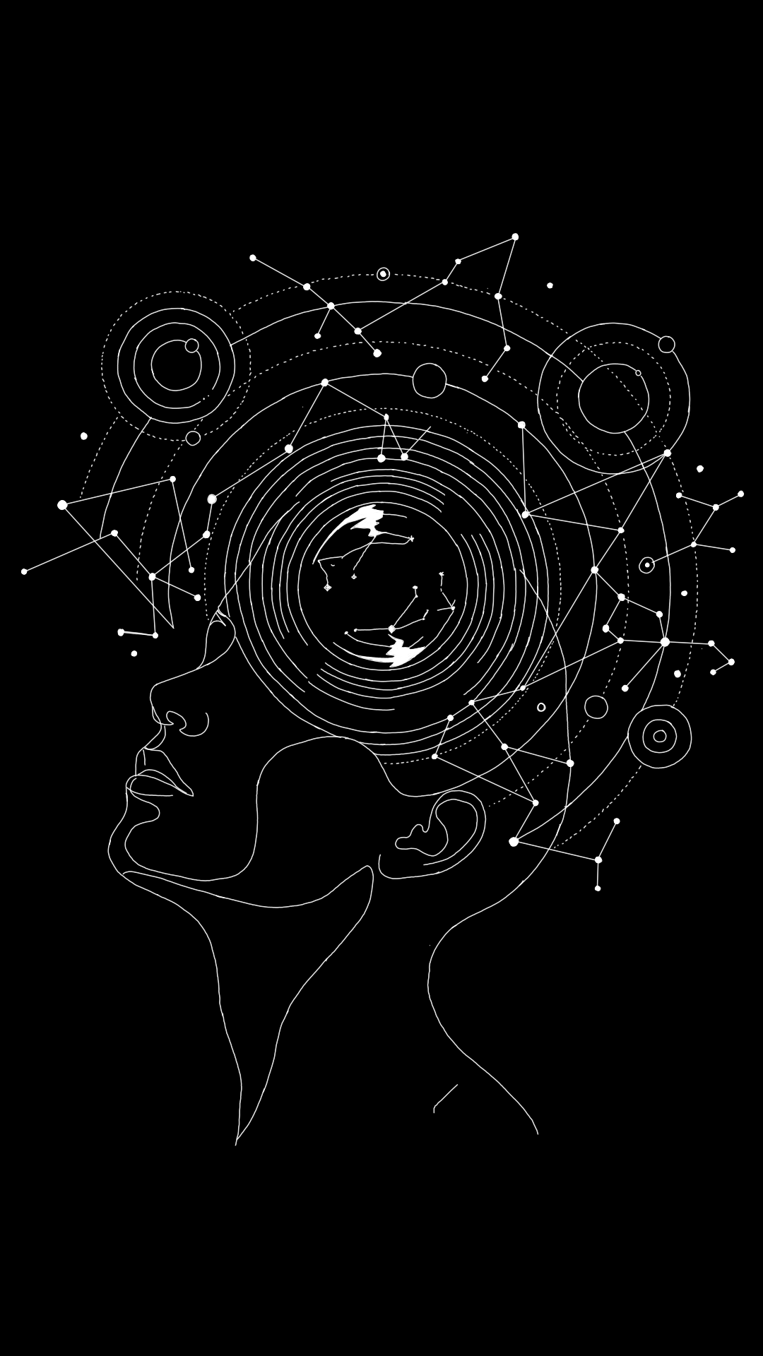 A head in profile drawn in white line on black, with orbits, constellations and spiralling rings where the mind would be.