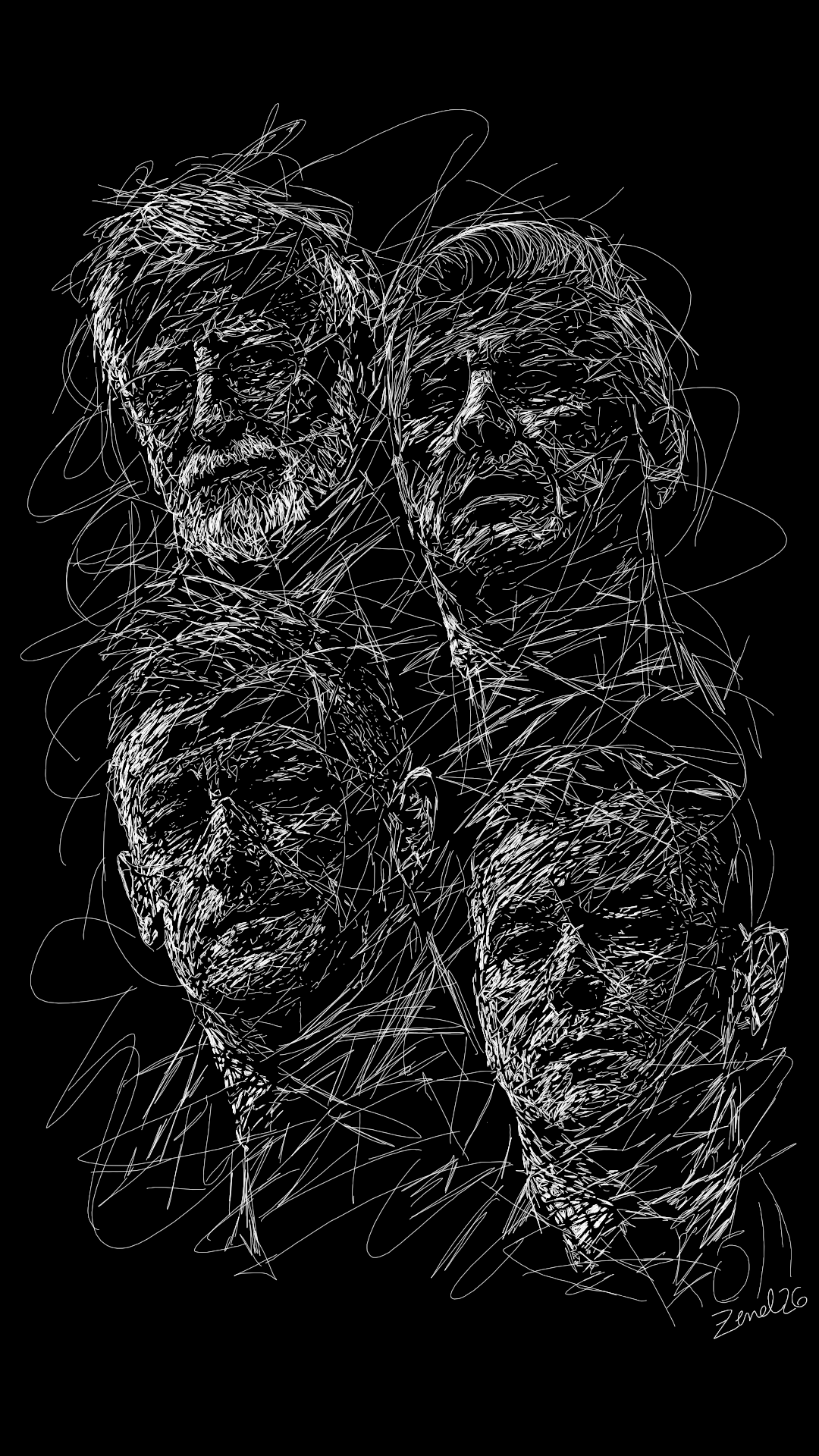 Four faces drawn in white scribbled line on black, overlapping and tangled into each other, signed in the corner.