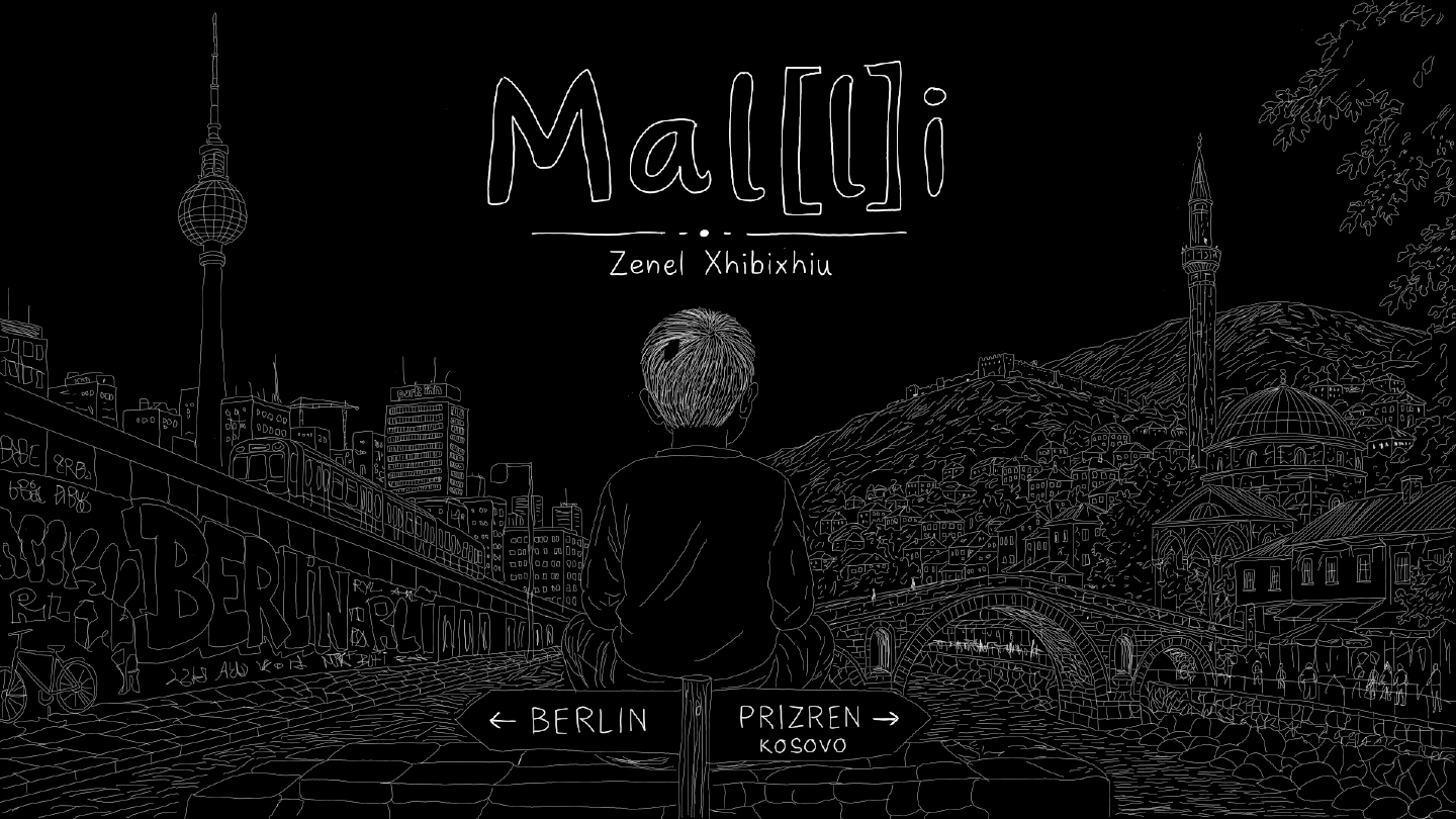 A boy sits on a signpost between Berlin and Prizren, the two skylines meeting behind him beneath the hand-lettered title Mal[l]i.