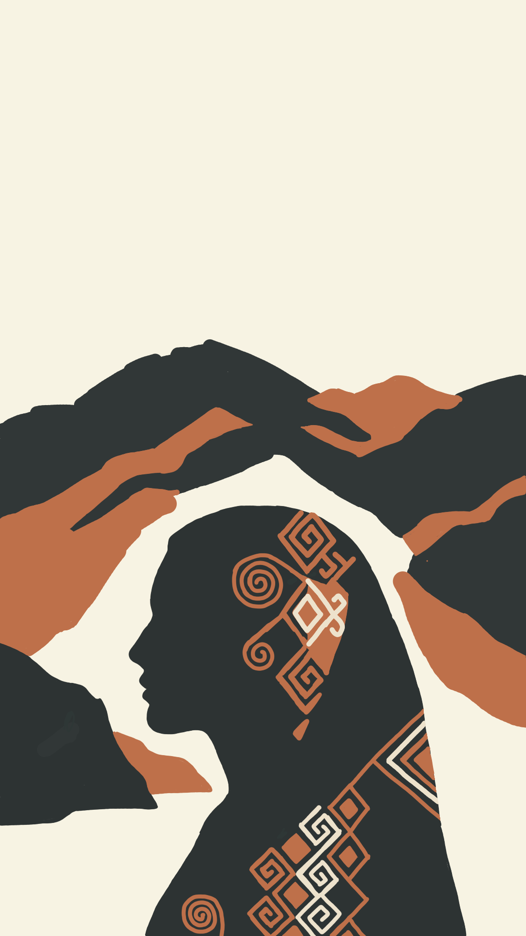 A woman in profile against a cream ground, wrapped in Illyrian spiral and meander motifs, with hands closing over her head like mountains.