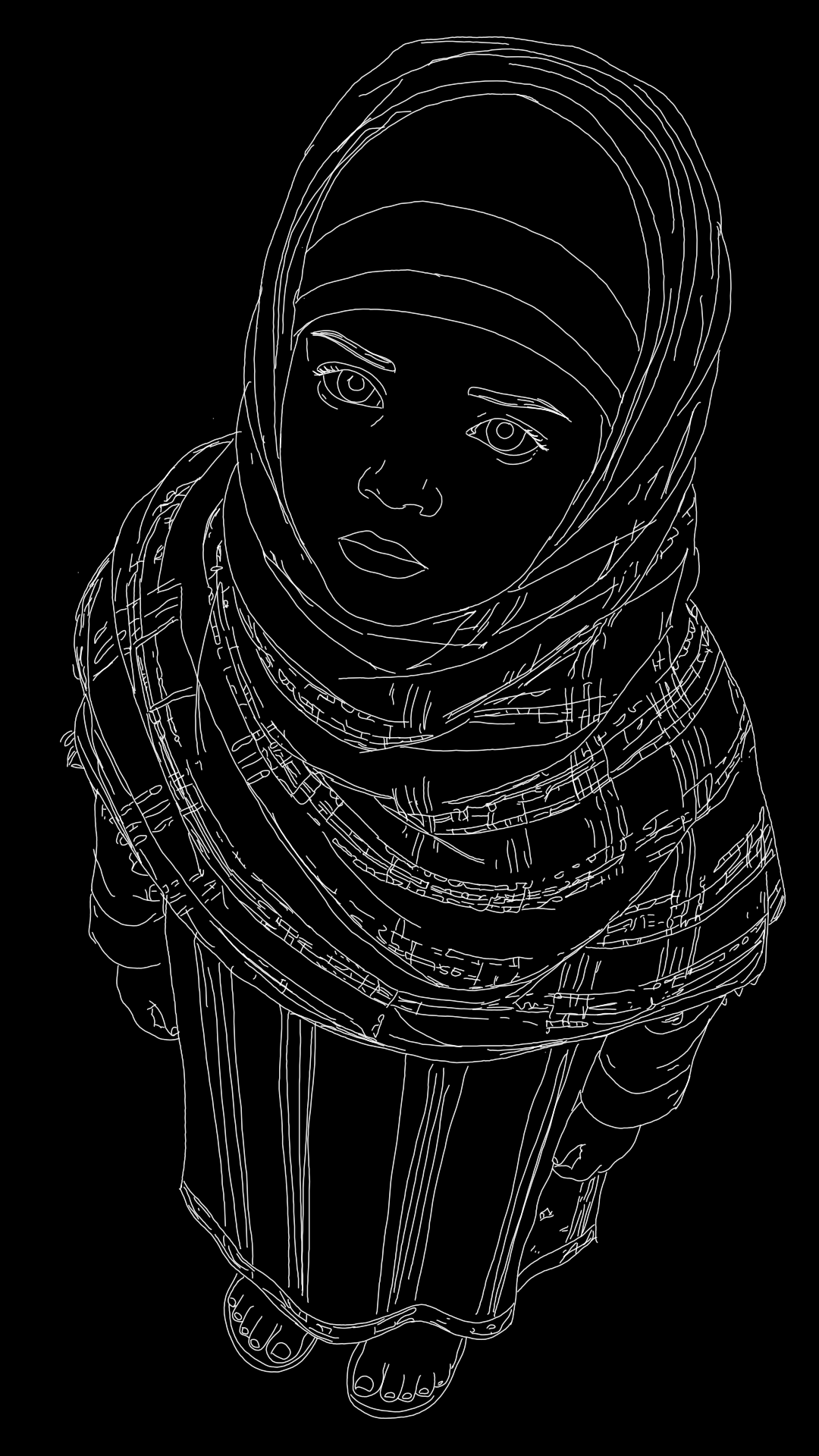 A young girl in a headscarf, drawn in white line on black, looking straight up at the viewer.
